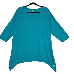 Full Beauty Sport Top Women 18/20 Teal Blue Burnout Asymmetrical Hem 3/4 Sleeve